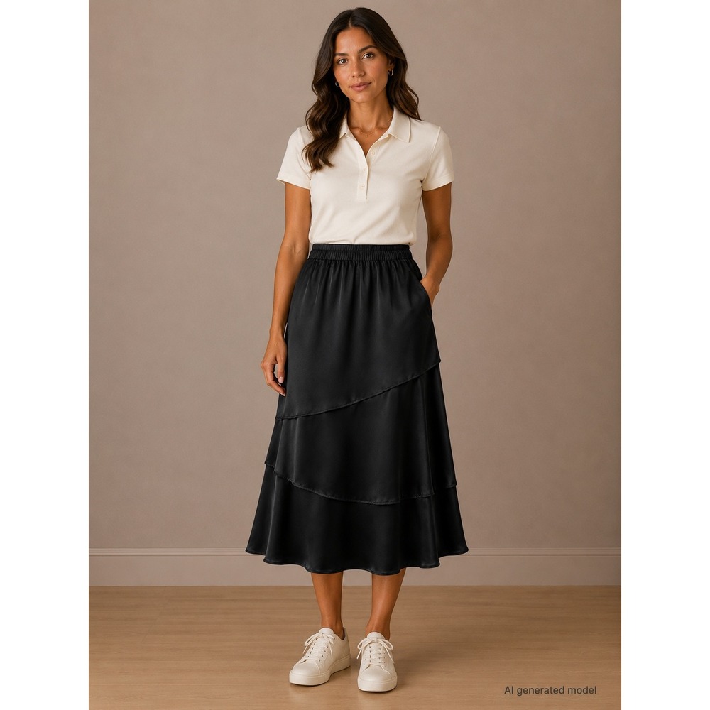Ginger Jones of California Vintage Black Satin Tiered Midi Skirt Medium 277